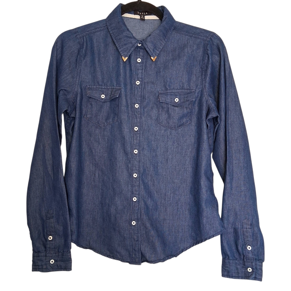 ​UK2LA Blue Denim Chambray Shirt with Gold Collar Tips -Western Cowgirl Size M